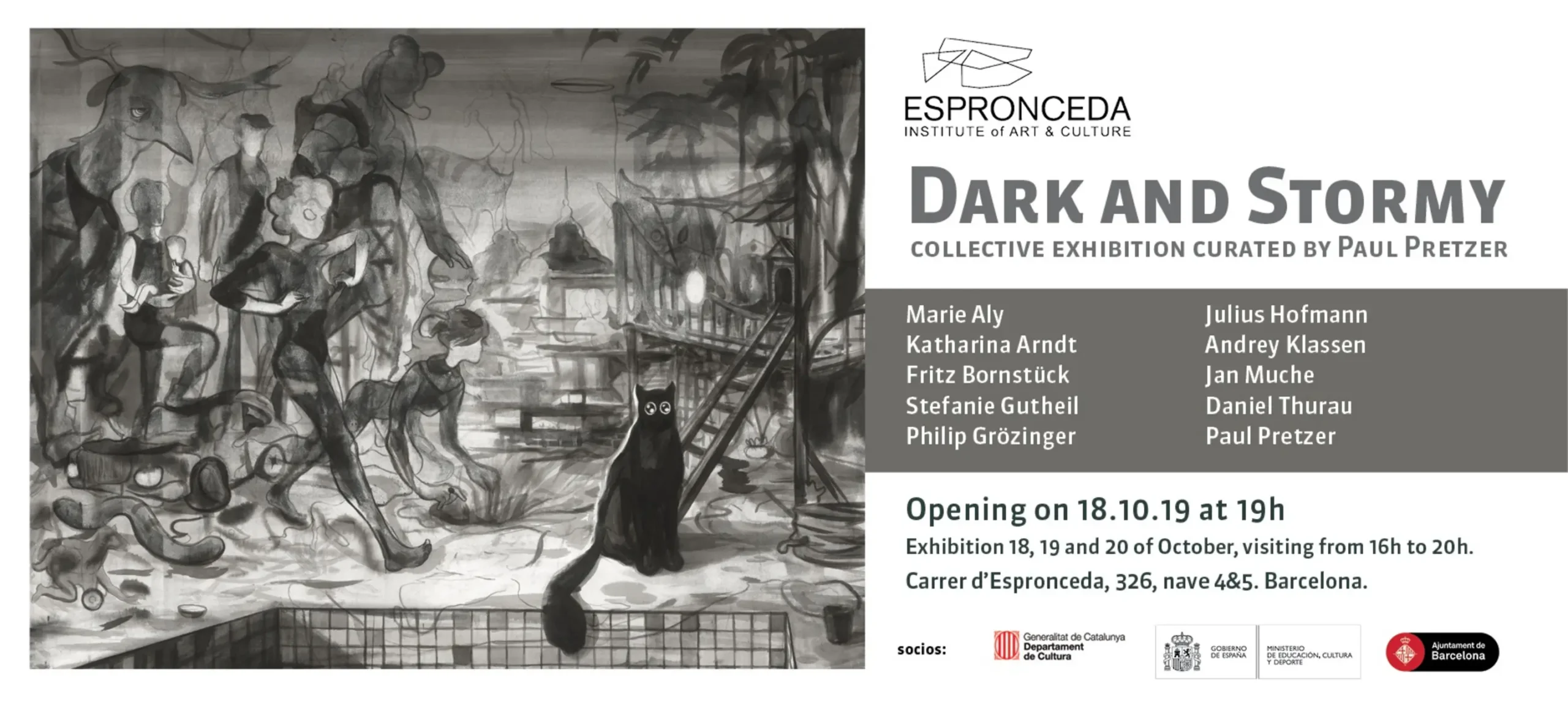 Flyer for the collective exhibition Dark and Stormy, curated by Paul Pretzer and presented at Espronceda, art and culture centre in Barcelona.