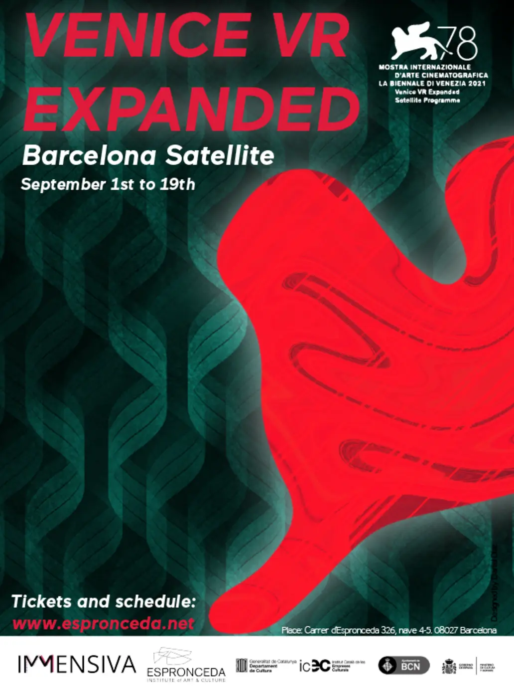 Promotional flyer for Venice VR Expanded Barcelona Satellite, hosted at Espronceda Institute of Art and Culture in Barcelona, featuring the event dates September 1–19, 2021.