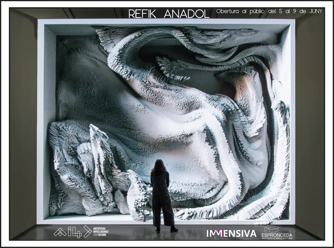 Visitors experiencing Refik Anadol's Melting Memories immersive data installation at Espronceda, the art and culture center in Barcelona, during the June 2021 exhibition.