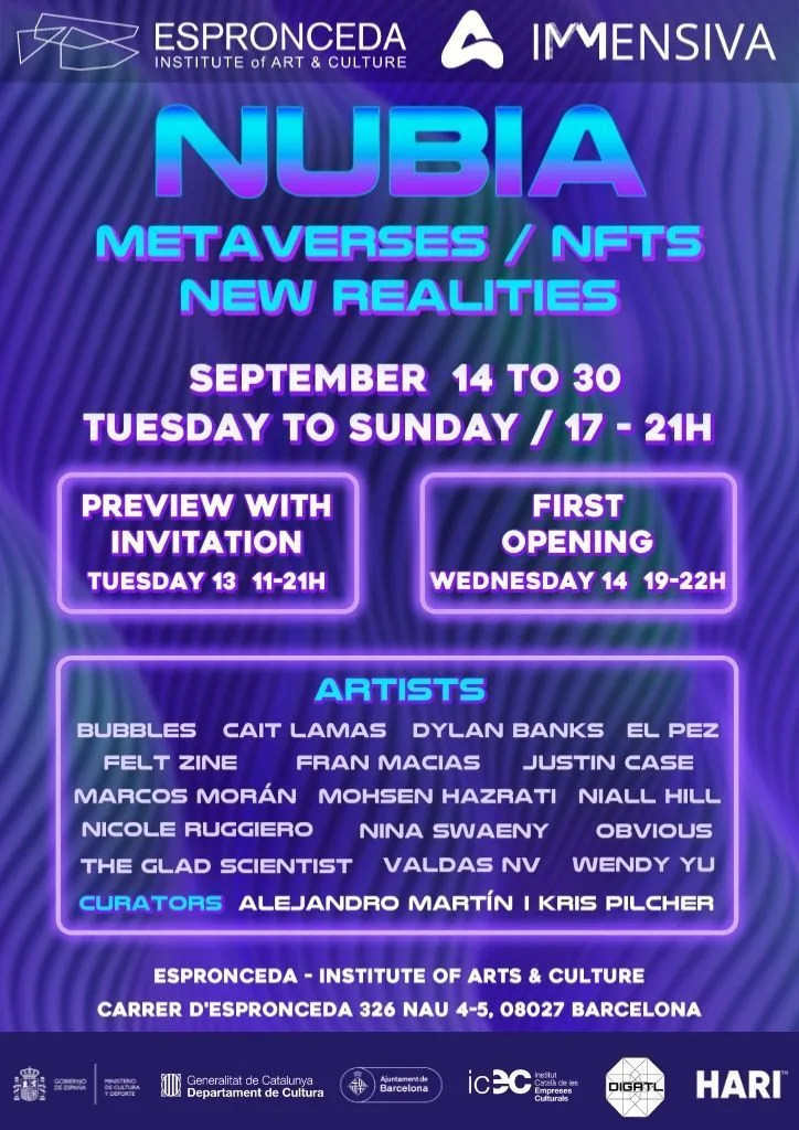 Promotional poster for the NUBiA Event at Espronceda art center in Barcelona, presenting metaverses, NFTs and new digital realities, September 2022