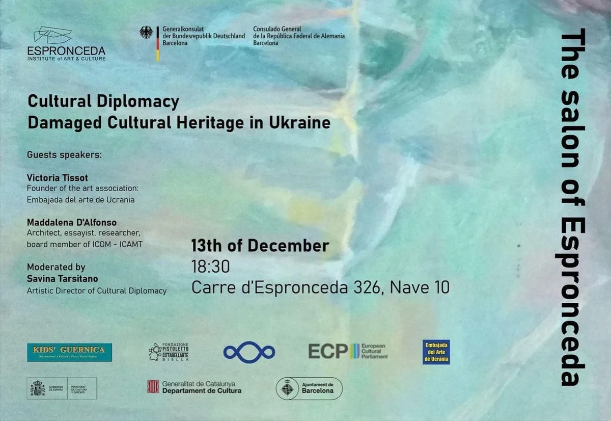 Panel discussion at Espronceda art center in Barcelona on damaged cultural heritage in Ukraine during the Salon of Espronceda webinar.