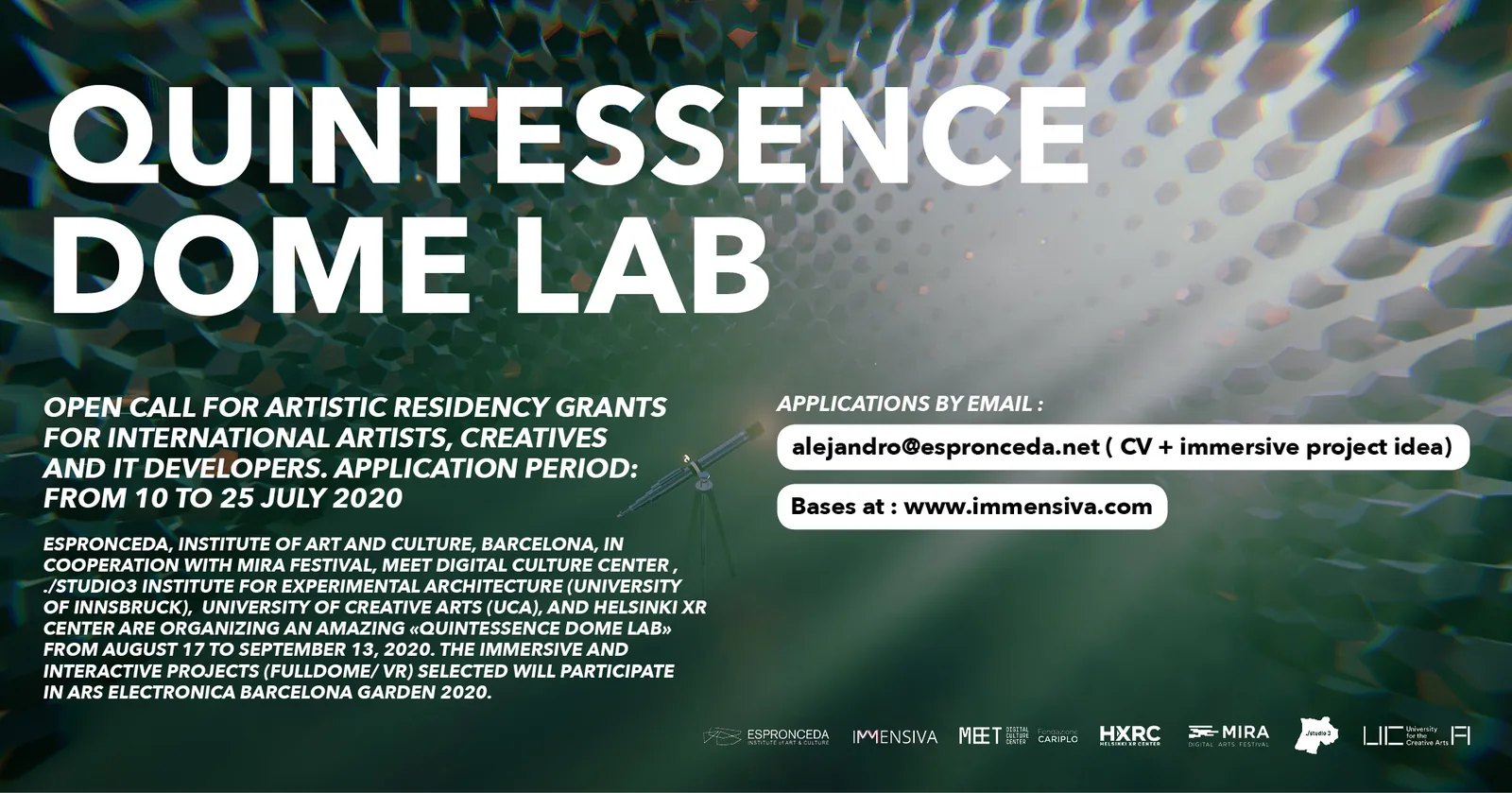 Promotional banner for the Quintessence Dome Lab open call at Espronceda, Institute of Art and Culture in Barcelona, showing the interior of a geodesic fulldome structure with hexagonal panels and atmospheric lighting.